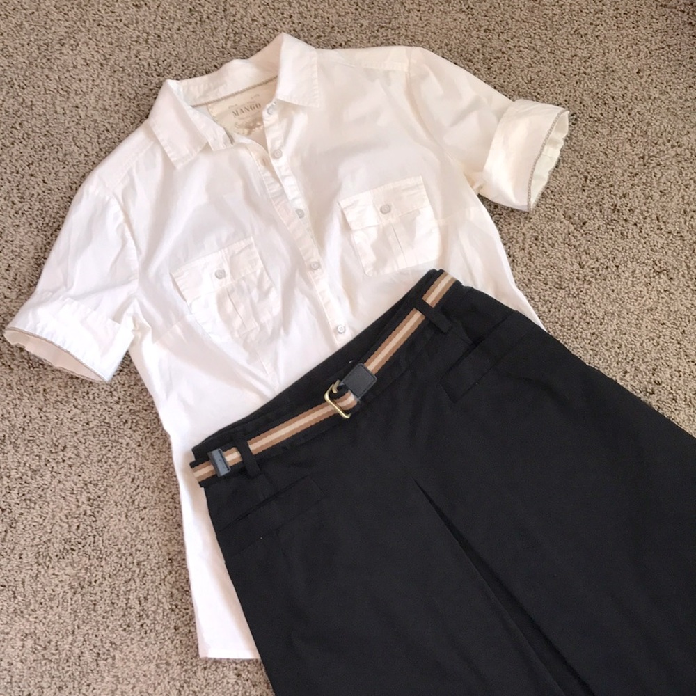 MANGO white blouse/black belted skirt, size 8